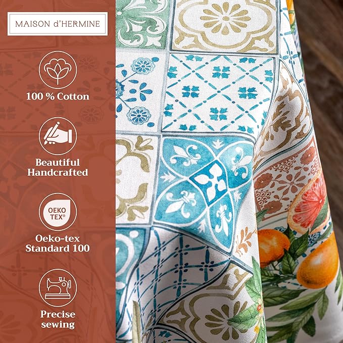 Maison d' Hermine Table Cloth Round Table 100% Cotton 63 Inches Tablecloth Reusable Decorative Everyday Use for Dining Room, Farmhouse, Home, Party, Festive & Wedding Spring Summer - Agrume