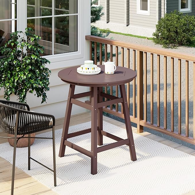Costaelm Patio Bistro Table, 37" Counter Height Round Patio Cocktail Bar Table with Umbrella Hole, Outdoor Bistro Dining Pub Table for Front Porch Deck Backyard Garden, Dark Brown