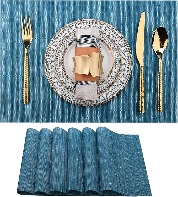 SLKQG Vinyl Placemats Set of 6 - Easy Clean Place Mats - Washable Heat Resistant Table Mats for Dining Table - 17x12 Inch (Sky Blue Turquoise, 6)