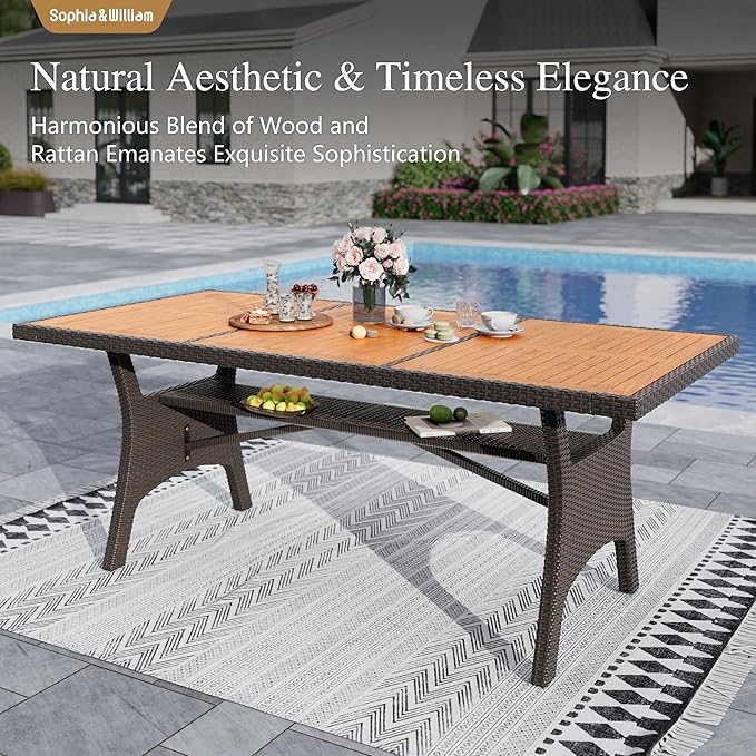Sophia & William 74 inch Outdoor Dining Table, Acacia Wood & Wicker Patio Dining Table for 6-8 Person, Metal Legs & Adjustable Foot Pads, Large Rectangular Table for Garden, Porch, Backyard