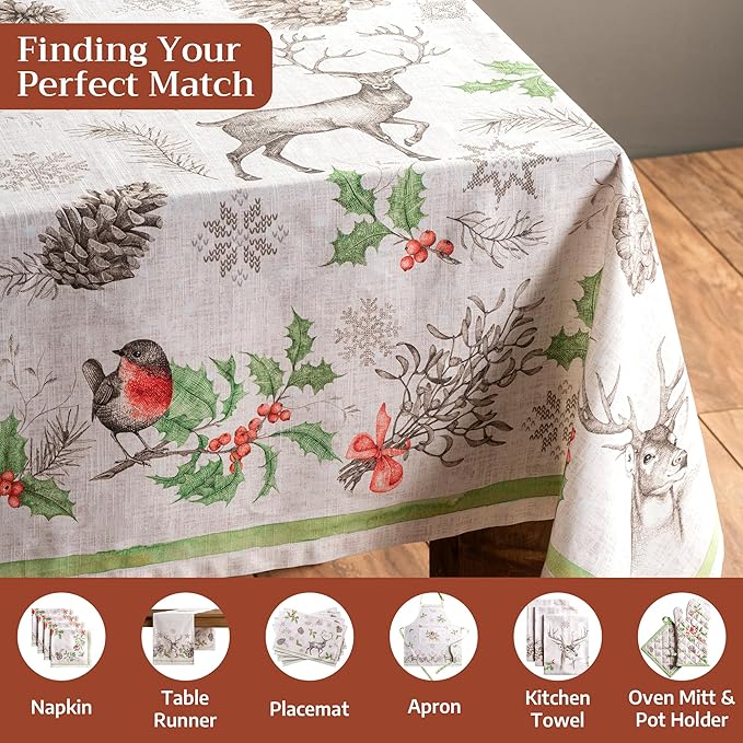 Maison d' Hermine Table Cloth Rectangle Table 100% Cotton 70 x 108 Inches Fall Tablecloth Reusable Everyday Use for Thanksgiving Christmas Decorations Dining Farmhouse Party (Christmas Dew)