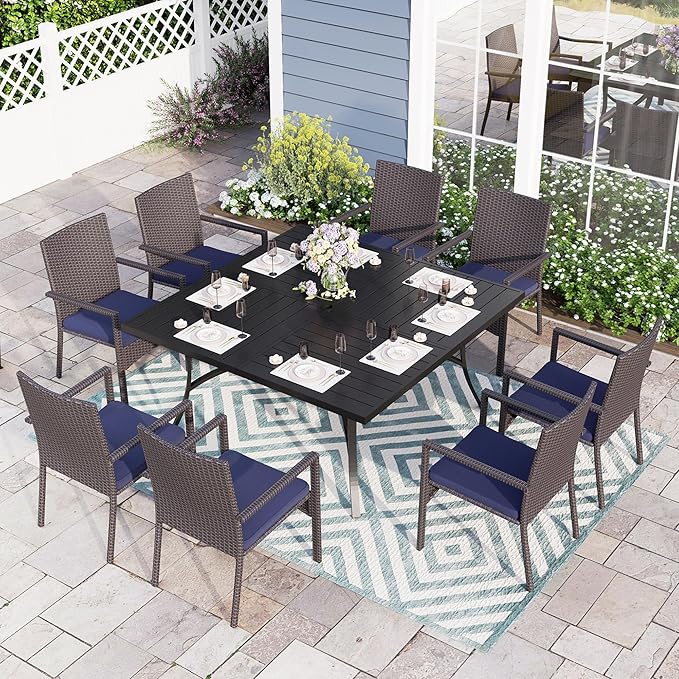 PHI VILLA Large Outdoor Square Dining Table for 8, 60" Metal Steel Slat Table with Umbrella Hole, Weather-Resistant Dining Fruniture for Patio, Deck, Backyard, Porch - Black