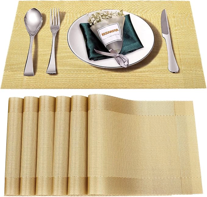 Placemats Set of 6,Washable,Heat and Stain Resistant Indoor/Outdoor Place mats,Vinyl Woven Non Slip Table Mats for Restaurant Table Protection,PVC Placemats(Gold 6PCS)