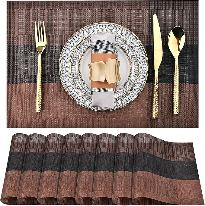 SLKQG Brown Placemats Set of 8 - Easy Clean Modern Durable Washable Vinyl Place Mats - Heat Resistant Placemats for Kitchen Table - PVC Table Mats for Dining Table (Brown Black, 8)