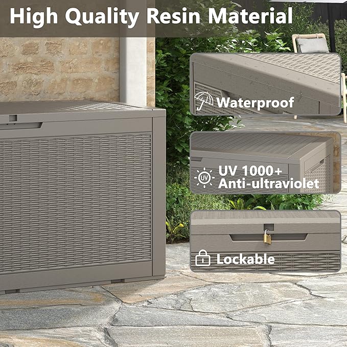 Outdoor Storage Box, Resin Deck Boxes Indoor and outdoor, Waterproof Storage Box Lockable Lid (Grey, 100 Gallon)