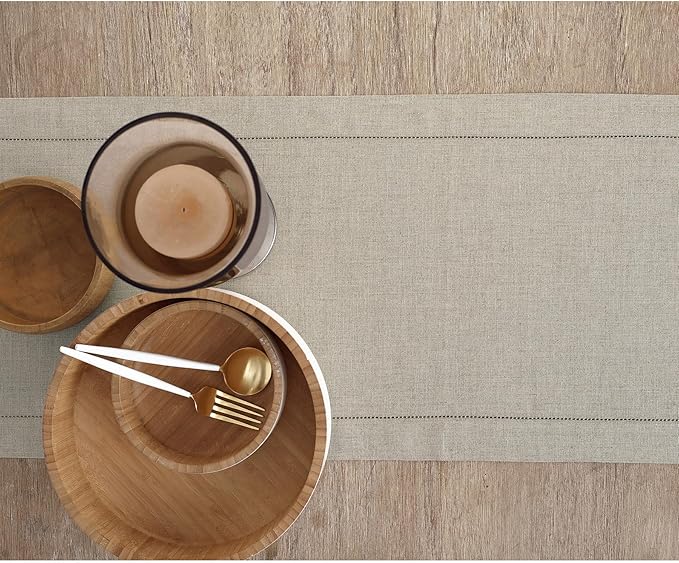 Solino Home Linen Natural Table Runner 156 Inches Long - 100% Pure Linen Extra Long Table Runner 14 x 156 Inch for Spring, Easter - Classic Hemstitch