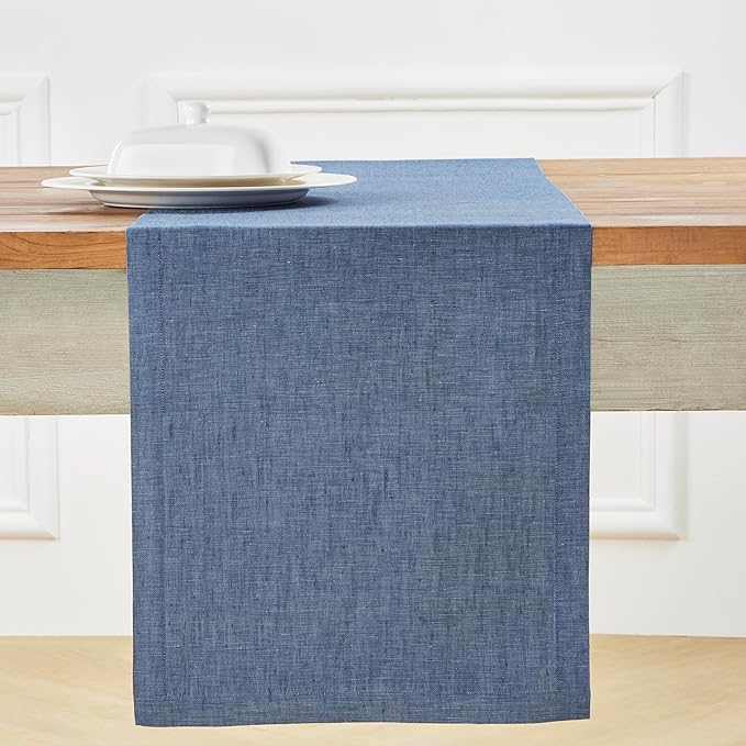 Solino Home Linen Table Runner 36 Inches - 100% Pure Linen Blue Denim Table Runner 14 x 36 Inch Ideal for Dresser and Coffee Tables - Athena, Winter, Spring, Easter