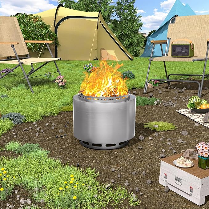ALAULM Smokeless Fire Pit, 19 Inch Portable Fire Pit for Outside Wood Burning, Includes Ash Poker & Waterproof Cover, No Assembly Required, Solo Stove for Camping, Backyard & Patio (Silver)