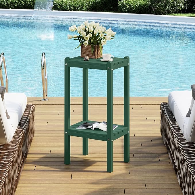 Costaelm Outdoor Side Table, 2-Tier Small Patio Coffee Tables for Outside, Outdoor End Tables for Patio, Adirondack Side Table for Outside, Outside Table for Pool, Porch, Garden, Dark Green