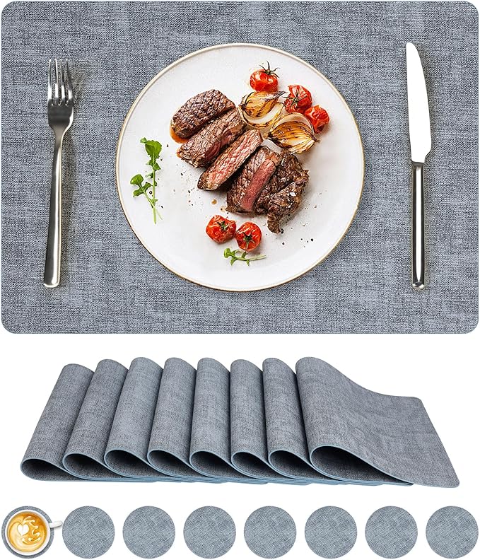 Vinyl Placemats Set of 8, Faux Leather Waterproof and Heat Resistant Place Mats, Washable Anti-Slip Table Mats with Coaster, Wipeable Placemats for Indoor & Outdoor 17" x 12" (Light Blue, Set of 8)