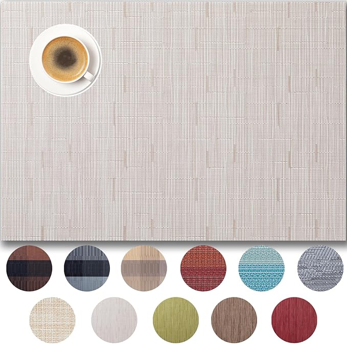 Placemats Set of 6 - Easy Clean Woven Vinyl Placemats for Dining Table, Indoor/Outdoor Place Mats, Washable PVC Table Mats （Pale Beige）