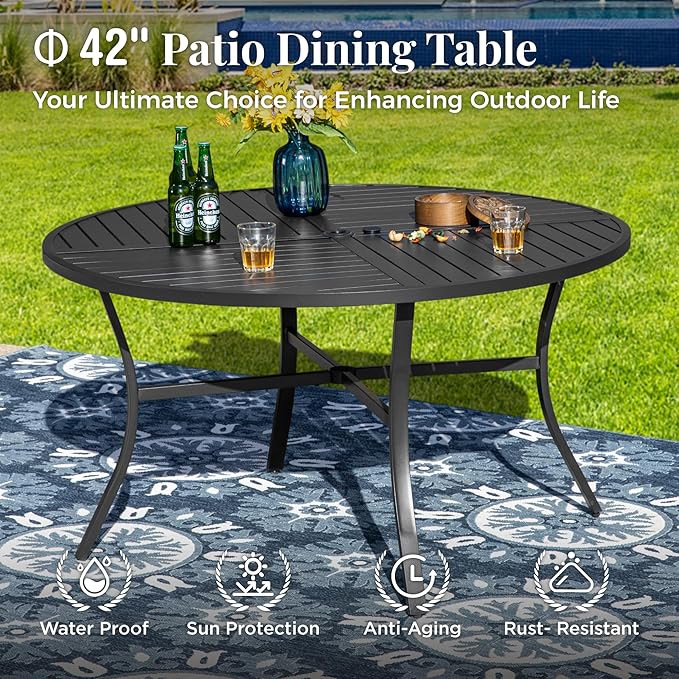 Outdoor Patio Round Dining Table, 42"x 42" Metal Small Round Table with Adjustable Umbrella Hole, All Weather Wrought Iron Black Outdoor Table for Deck Lawn Garden Backyard, Black
