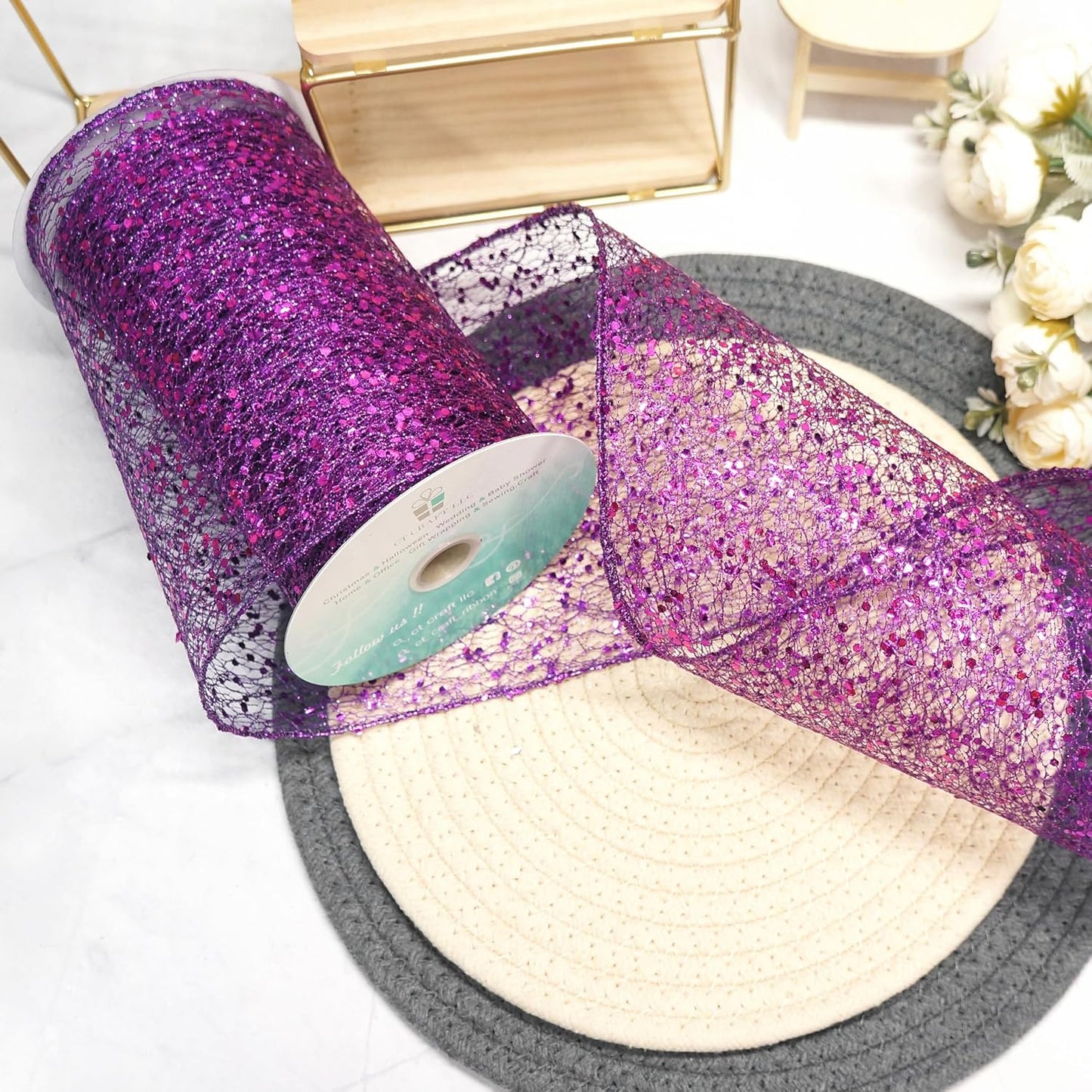 CT CRAFT LLC Sparkling Glitter Mesh Wired Ribbon 6" x 10 Yards Purple for Christmas Home Decor Bow Gift Wrapping DIY Crafts Wreath