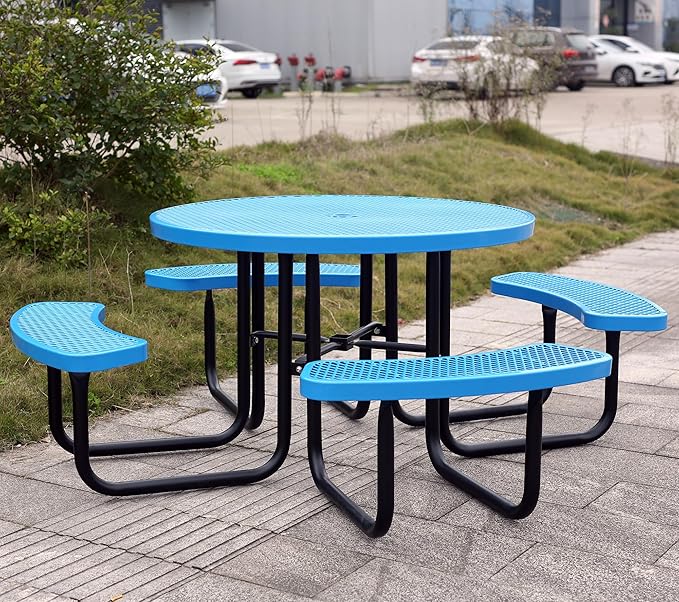 46'' Round Metal Picnic Table for Outdoors, Commercial Steel Metal Picnic Tables, Heavy Duty Sturdy Picnic Tables Furniture Set for Patio Garden Courtyard BBQ, with Umbrella Hole, Blue