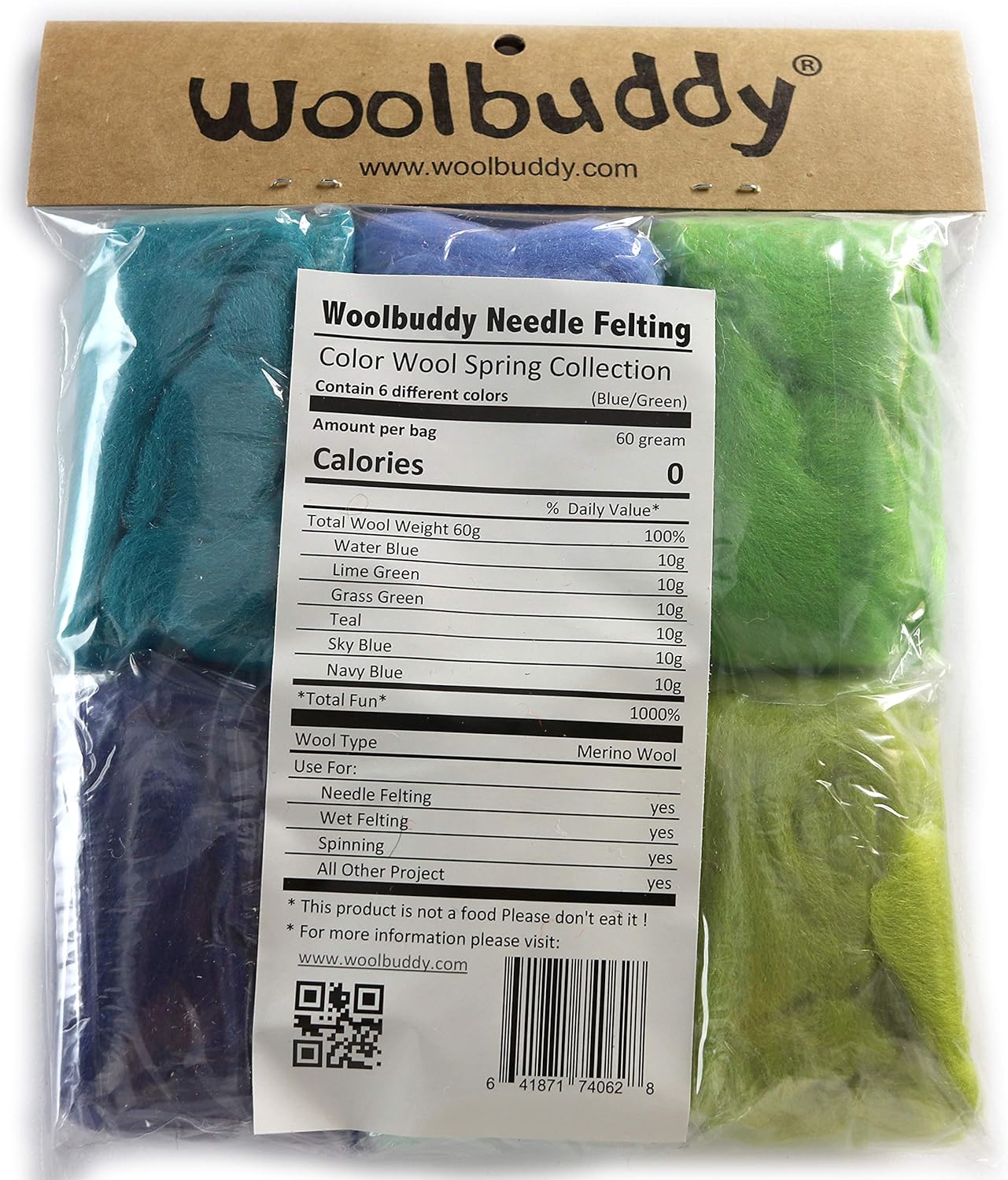 Woolbuddy Needle Felting Wool, Natural Handmade Wool Roving, 6 Vibrant Colors with Instructions (Wool Bag Spring)