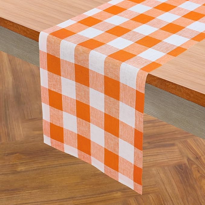 Solino Home Linen Checkered Table Runner 132 Inches Long - 100% Pure Linen Buffalo Check Pumpkin and White Table Runner 14 x 132 Inch Ideal for Dining
