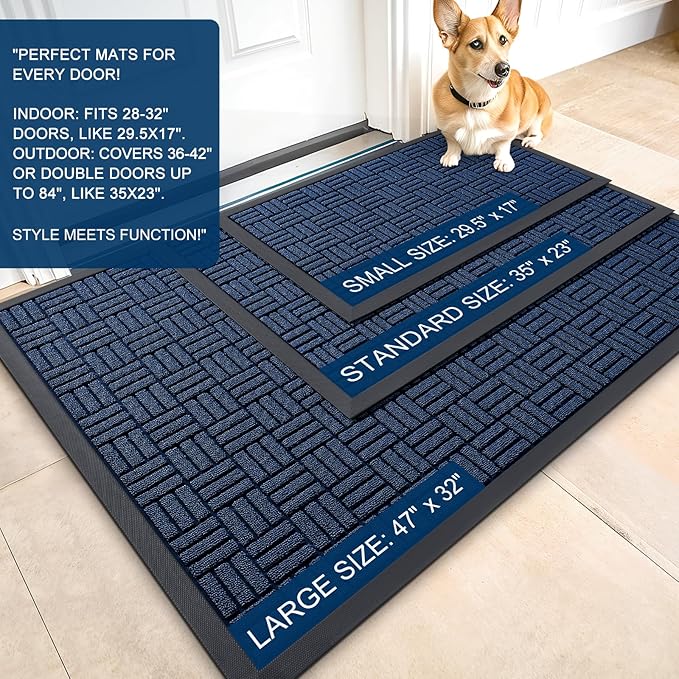 OLANLY Front Door Mat Outside Entrance 29.5x17, Absorbent, Heavy Duty Sturdy Natural Rubber Doormat Indoor Outdoor, Non-Slip, Stain and Fade Resistant, Low Profile Floor Mat for Entryway, Navy Blue