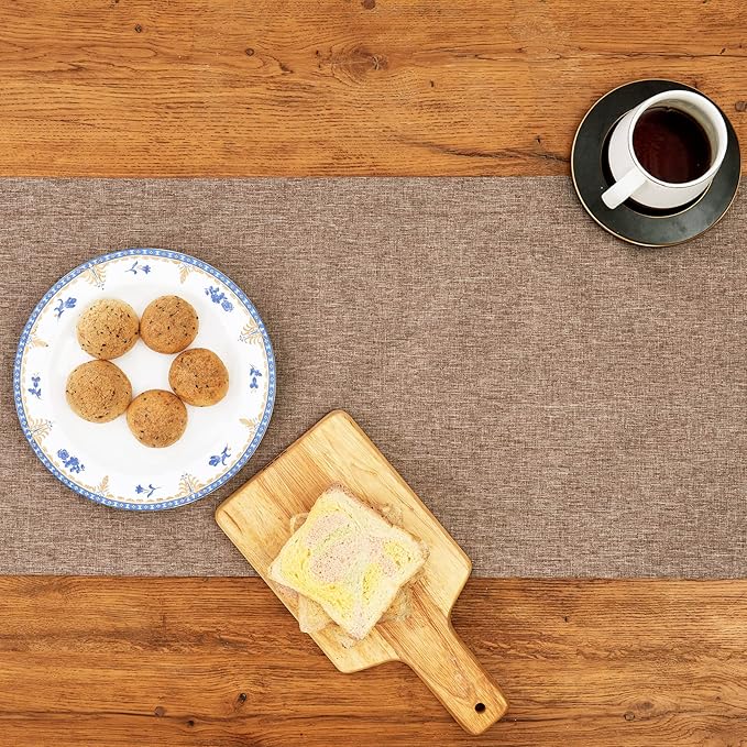 Mebakuk Linen Farmhouse Table Runner Large Burlap Style Soft and Waterproof Decorative Fabric Runner for Outdoor Wedding and Dinner (14 x 72 Inch, Flaxen)