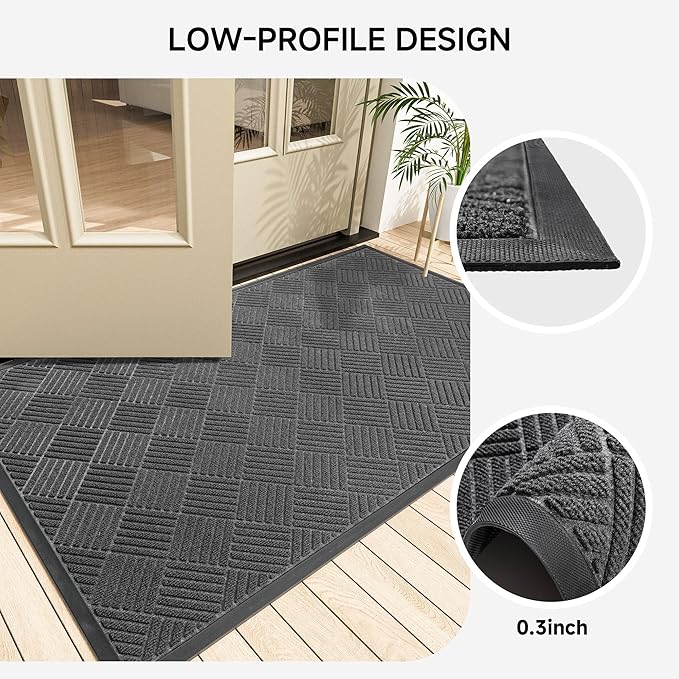 Front Door Mat, Heavy Duty Indoor Outdoor Doormat, 48" x 24" Low Profile Outdoor Mats for Home Entrance, Stain and Fade Resistant Welcome Mat Ideal for High Traffic Area, Diamond Grey