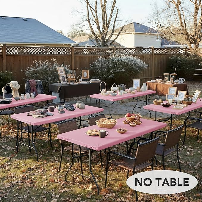 LUSHVIDA 6 Packs Vinyl Tablecloths with Flannel Backing for 6ft Rectangle Folding Table Cloths - Waterproof Plastic Picnic Table Covers with Elastic Corners, 30x72 inch, Pink