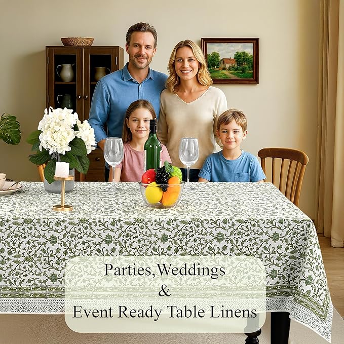 CPC Meadow Vine Tablecloth 100% Cotton 72x140 Inch Indian Block Print Rectangle Table Cover, Table Cloth for Gifting in Weddings, Halloween, Fall, Christmas, Thanksgiving
