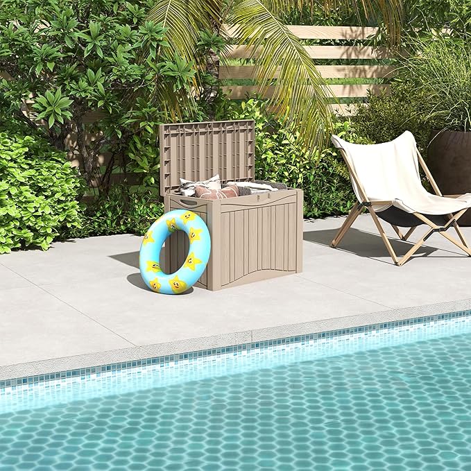 50 Gallon Plus Resin Deck Box, Waterproof Outdoor Storage Box for Patio, Poolside, and Garden, Lockable UV-Resistant Storage Bin Bench Cabinet for Small Spaces, Grey