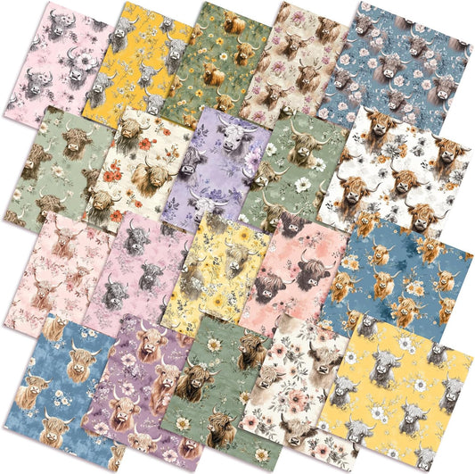 Ganeen 60 Pcs 10 x 10 Inch Highland Cow Quilting Fabric Squares Vintage Highland Cow Fat Patchwork Precut Strips Retro Multicolor Fabric Bundles for Holiday DIY Craft Sewing Quilt Material Handmade