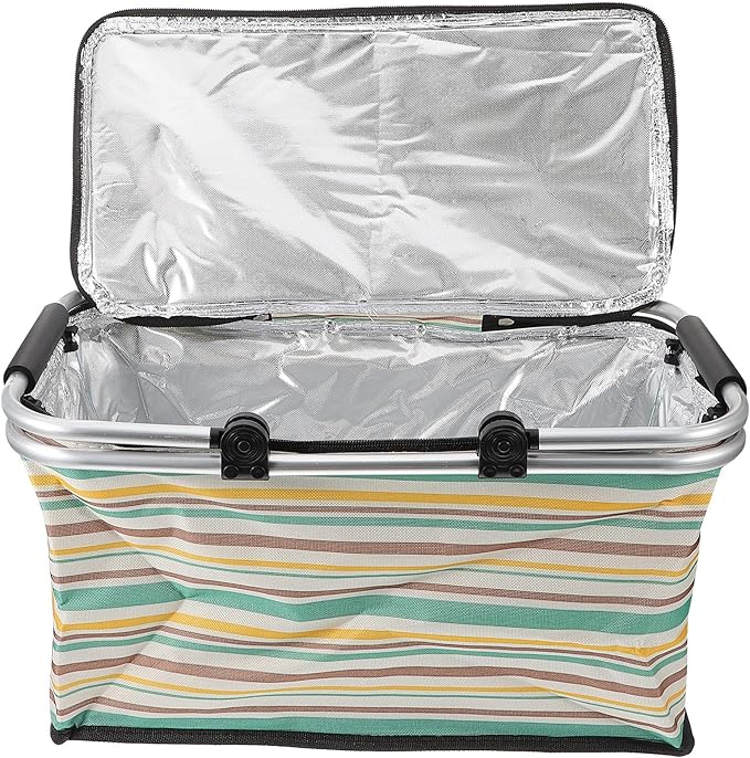 Wear-Resistant Insulated Picnic Basket and Foldable Shopping Tote for Outdoor Dining with Thick Aluminum Foil Lining, Yellow-Green Pattern, No Ice Pack, Vehicle Use and Food