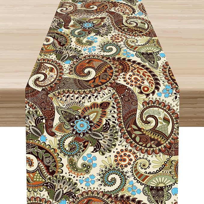 Brown Paisley Table Runner, Rustic Damask Antique Floral Flower Retro Boho Swirled Pattern Vintage Coffee Table Center Decor for Family Kitchen and Living Room Outdoor Table Decorations, 13"x36"