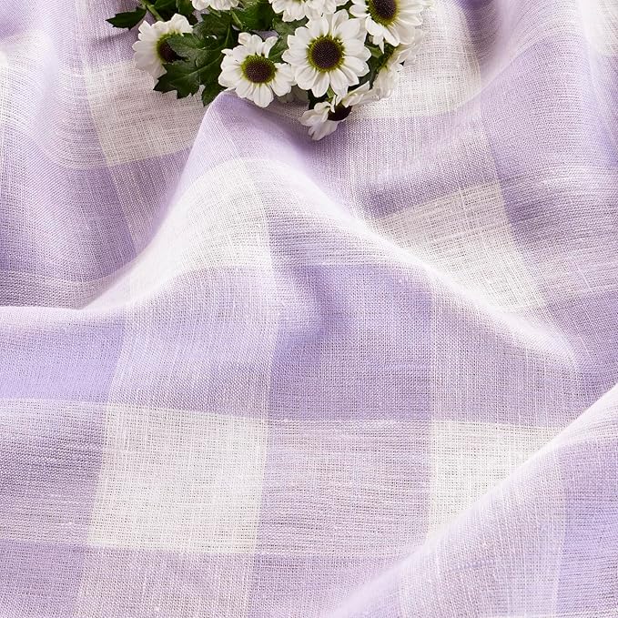 Solino Home Linen Checkered Table Runner 156 Inches Long - 100% Pure Linen Misty Lavender Buffalo Check Extra Long Table Runner 14 x 156 Inch Ideal for Dining, Valentines, Spring, Easter