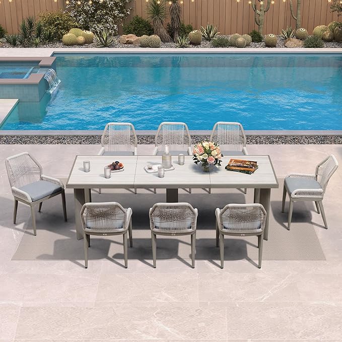 PURPLE LEAF 9 Pieces Patio Dining Set Aluminum Rectangular Table and Wicker Chairs with Cushions for Kitchen Porch Garden Modern Outdoor Furniture Sets, Light Grey