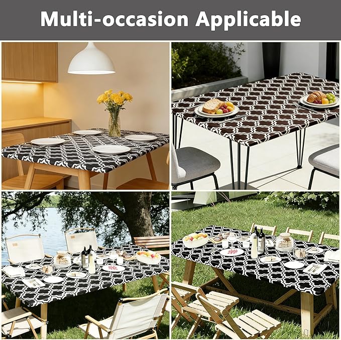 Rectangle Picnic Table Cloth, Elastic Waterproof Fitted Vinyl Tablecloths for 8 Foot Tables, Wipeable Flannel Backed Table Covers for Dining, Camping, Outdoor(Black,30"x96")
