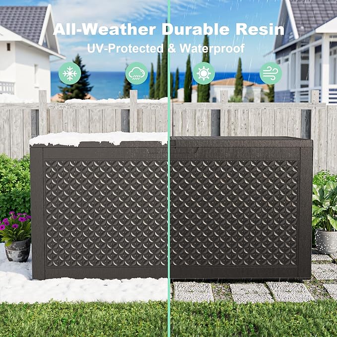 New 100 Gallon Outdoor Storage Box, Resin Deck Boxes Waterproof, Indoor Outdoor Bin for Package Delivery, Patio Cushions, Gardening Tools, Lockable, UV Resistant