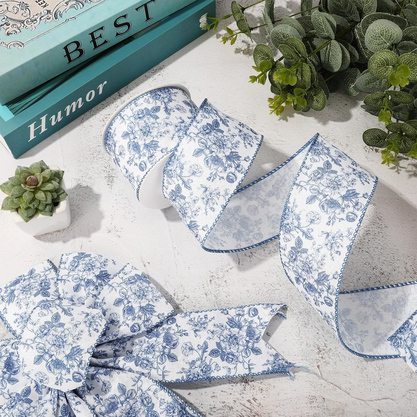 Generic AnyDesign Floral Wired Edge Ribbon Blue Flower Craft Ribbon Chinoiserie Decorative Fabric Ribbon for DIY Crafts Wreath Bow Making, 12 Yards