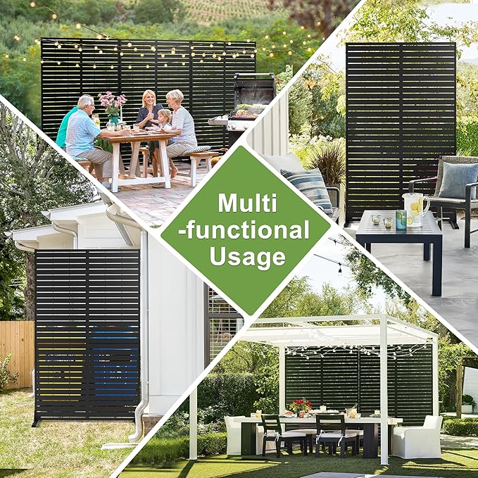 Metal Privacy Screen Outdoor 72" H×44" W,Freestanding Decorative Privacy Screen for Balcony Yard&Garden,Privacy Fence Black&Louvered(5 Panels)