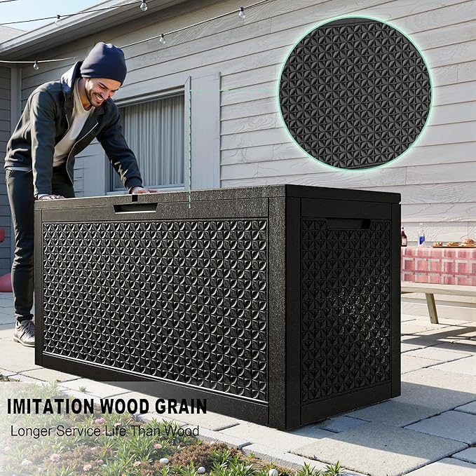 New 100 Gallon Outdoor Storage Box – Resin Deck Box with Lockable Lid, Waterproof Patio Furniture Storage for Tools, Garden & Yard Organization (Black)