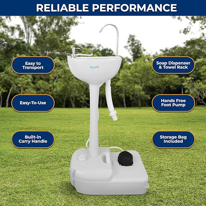 SereneLife Portable Hand Washing Station, 100+ Hand Washes, Hands-Free Foot Pump, Soap Dispenser, and Drain Hose, Ideal for Outdoor Events, Camping, Boating and Worksites