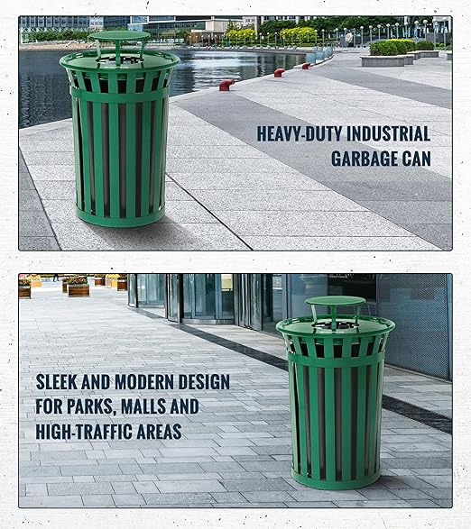 Alpine Commercial Outdoor Trash Can - 38 Gallon Heavy Duty Green Recycle Garbage Can with Liner, Flat Lid and Rain Bonnet Lid, All Weather Resistant Large Outside Trash Can for Parks, Parking, School