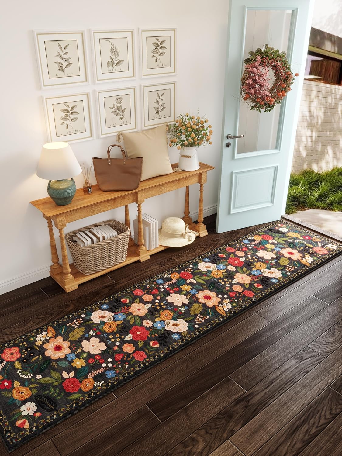 Rugcomf Runners for Hallways Kitchen Rug Non Slip 2'x 10' Long Washable Runner Rugs with Rubber Backing Soft Floral Carpet Runner for Hallways, Kitchen, Laundry, Bedroom, Bathroom(Black)