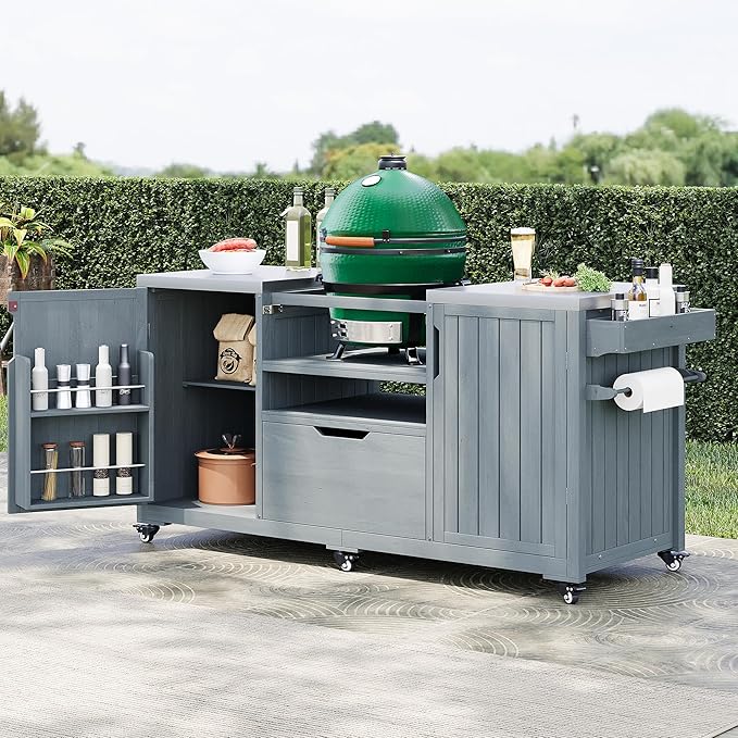 Merax 66.5" Outdoor Grill Table for Big Green Egg, Farmhouse Kitchen Island on Wheels with Stainless Steel Tabletop, Drawer and Spice Rack, Solid Wood Outdoor Storage Cabinet for Backyard, Grey Blue