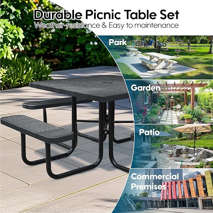 46'' Square Metal Picnic Table for Outdoors, Commercial Steel Metal Picnic Tables, Heavy Duty Sturdy Picnic Tables Furniture Set for Patio Garden Courtyard BBQ, with Umbrella Hole, Black