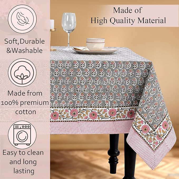 CPC Tablecloth 100% Cotton 70x118 Inch Indian Block Print Rectangle Table Cover, Table Cloth for Weddings, Spring/Summer, Barbeque - Labra Gray
