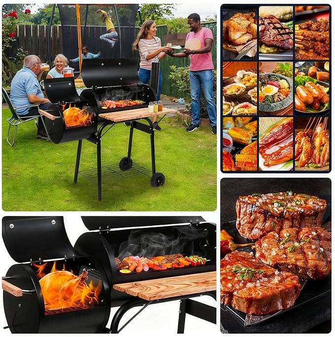 30 Inch Barrel Charcoal Grill & Smoker with Side Fire Box, Outdoor BBQ Grill for Patio Cooking with Front Wood Shelf & Wheels, Black
