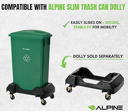 Alpine 23 Gallon Slim Trash Can - Open Top 3 Pack Slender Green Recycle Bin - Heavy Duty Plastic Garbage Bin for Homes, Offices and Other Commercial Space