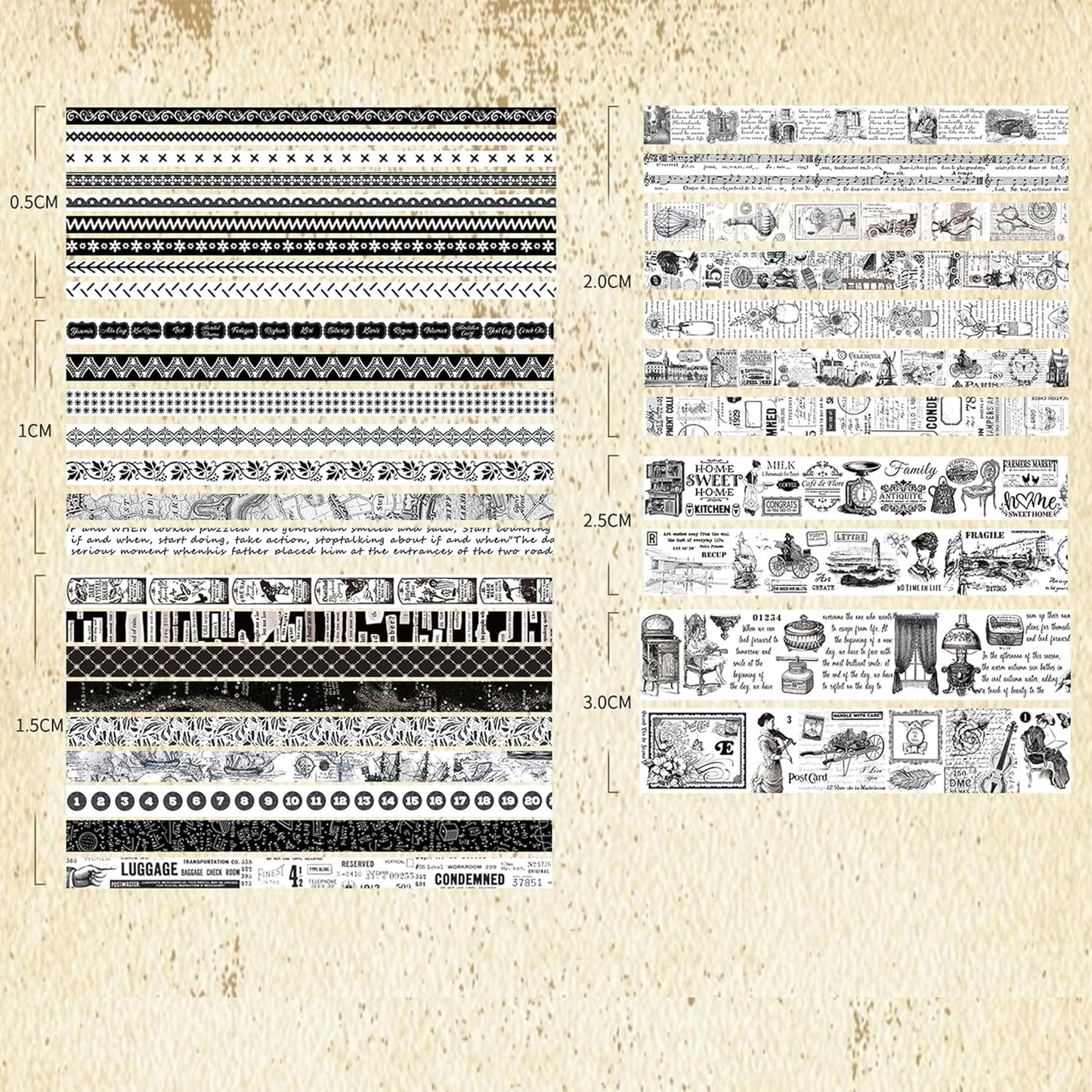 36 Rolls Vintage Washi Tape Pack Retro Arts Adhesive Tapes Wide Chronicle Decorative Masking Tape Sets for Craft, Kids, Scrapbook, DIY, Gift Wrapping (Black & White Light)