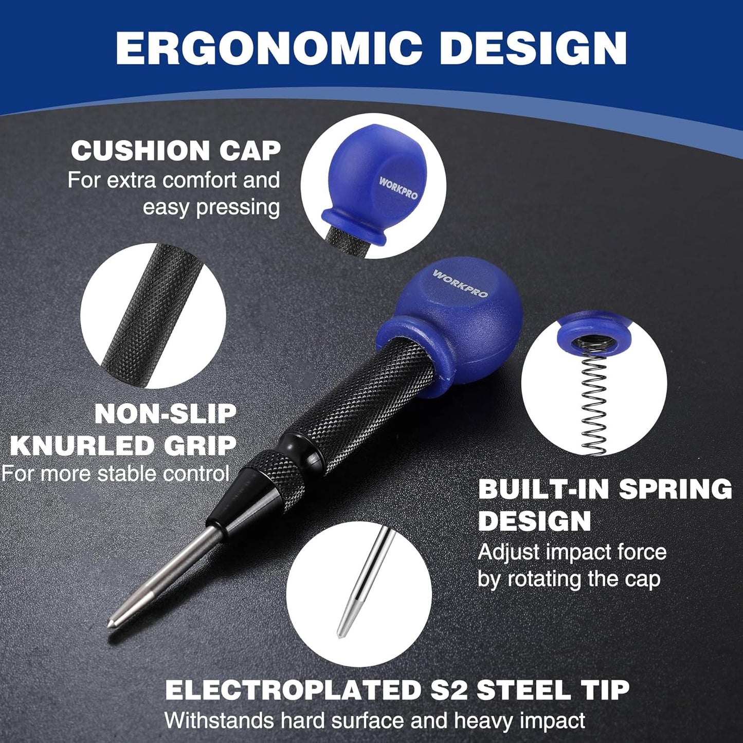 WORKPRO 5" Automatic Center Punch for Metal, Adjustable Spring Loaded Center Punch with Cushion Cap, Metal Punch Tool, Center Hole Punch for Wood, Metal, Plastic