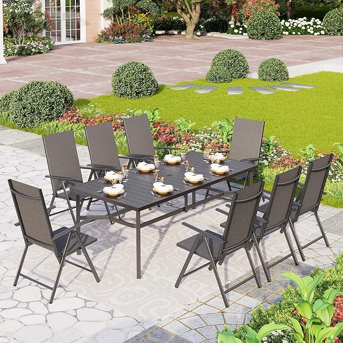 PHI VILLA 9 Piece Patio Dining Set, Patio Furniture Outdoor Dining Set with Adjustable Portable Patio Folding Chairs (Black) & Large Patio Dining Table for Yard, Garden and Deck