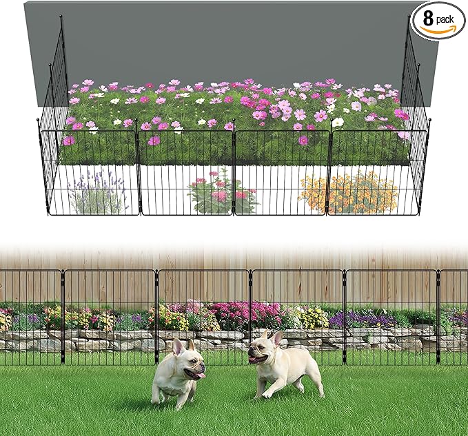 FXW Decorative Garden Fence for Yard - 24in(H) x 14.8ft(L) 8 Panels - Metal Fencing Panels - Animal Barrier Border for Dogs & Rabbits, Flower & Plant Edging