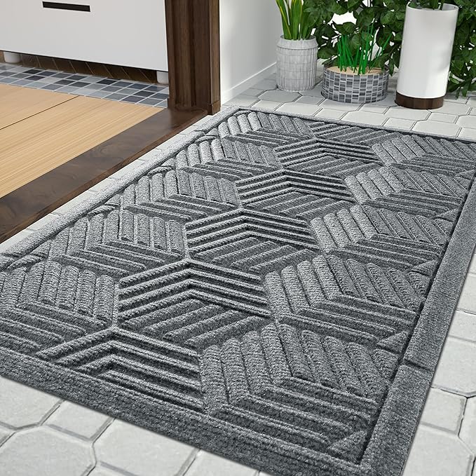Yimobra Large Door Mat 36x24, All-Season Waterproof Outdoor Mats for Front Door Entrance with Drainage Holes, Heavy Duty Non-Slip Doormat for Garage Patio Entryway Indoor, Black Gray
