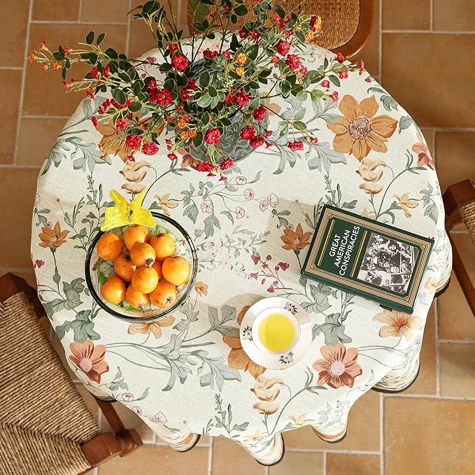 French Linen Small Tablecloth for Round Table,Orange Floral Pattern Wrinkle Resistant Tablecloths,Decor Table Cover for Kitchen,Dining,Party,Thanksgiving,Christmas,Diameter 55"-Milch
